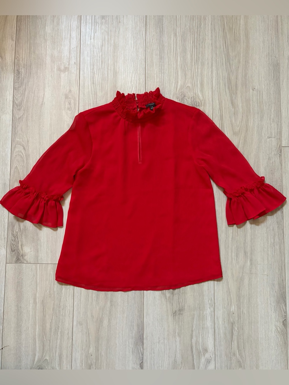(NEW) Ann Taylor Factory Red Chiffon Ruffle Neck Blouse, XS